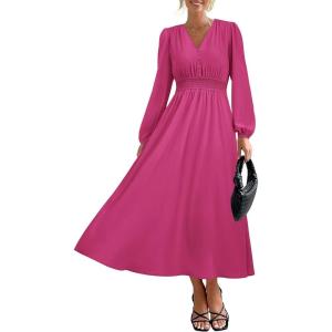 PRETTYGARDEN Womens Long Sleeve Maxi Dress 2025 Fall Trendy Elegant V Neck Flowy Wedding Guest Holiday Formal Long Dresses(Rose Red)