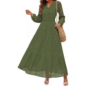 PRETTYGARDEN Women’s Long Sleeve Maxi Dress V Neck Hollow Out Eyelet A Line Long Flowy 2026 Spring Wedding Guest Dresses(Army Green)