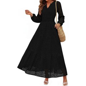 PRETTYGARDEN Women’s Long Sleeve Maxi Dress V Neck Hollow Out Eyelet A Line Long Flowy 2026 Spring Wedding Guest Dresses(Black)