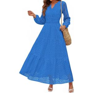 PRETTYGARDEN Women’s Long Sleeve Maxi Dress V Neck Hollow Out Eyelet A Line Long Flowy 2026 Spring Wedding Guest Dresses(Blue)