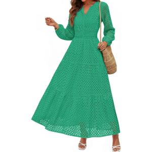 PRETTYGARDEN Women’s Long Sleeve Maxi Dress V Neck Hollow Out Eyelet A Line Long Flowy 2026 Spring Wedding Guest Dresses(Green)