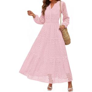 PRETTYGARDEN Women’s Long Sleeve Maxi Dress V Neck Hollow Out Eyelet A Line Long Flowy 2026 Spring Wedding Guest Dresses(Pink)