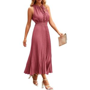PRETTYGARDEN Women’s Midi Summer Dresses Casual V Neck Swiss Dot Ruffle Sleeveless A Line Beach Sun Dress(Bean Paste Red)