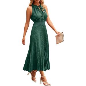 PRETTYGARDEN Women’s Midi Summer Dresses Casual V Neck Swiss Dot Ruffle Sleeveless A Line Beach Sun Dress(Dark Green)
