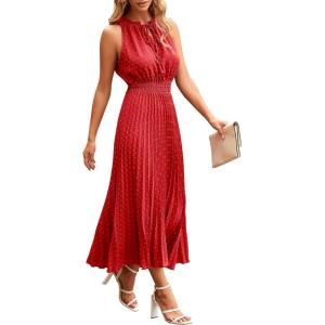 PRETTYGARDEN Women’s Midi Summer Dresses Casual V Neck Swiss Dot Ruffle Sleeveless A Line Beach Sun Dress(Red)