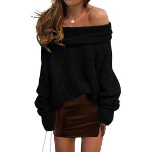 PRETTYGARDEN Women’s Off The Shoulder Sweater Long Sleeve Tops 2025 Fall Loose Knit Pullover Sweaters Winter Clothes(Black)
