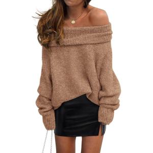 PRETTYGARDEN Women’s Off The Shoulder Sweater Long Sleeve Tops 2025 Fall Loose Knit Pullover Sweaters Winter Clothes(Camel)