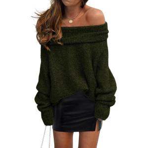 PRETTYGARDEN Women’s Off The Shoulder Sweater Long Sleeve Tops 2025 Fall Loose Knit Pullover Sweaters Winter Clothes(Dark Army Green)
