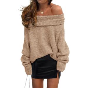 PRETTYGARDEN Women’s Off The Shoulder Sweater Long Sleeve Tops 2025 Fall Loose Knit Pullover Sweaters Winter Clothes(Khaki)