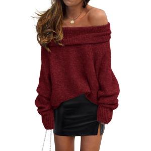 PRETTYGARDEN Women’s Off The Shoulder Sweater Long Sleeve Tops 2025 Fall Loose Knit Pullover Sweaters Winter Clothes(Wine Red)