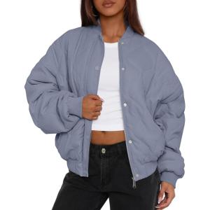 PRETTYGARDEN Women’s Quilted Bomber Jacket Fall Fashion 2026 Lightweight Cropped Zip up Outerwear Winter Puffer Coats Pockets(Dusty Blue)