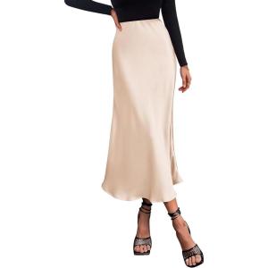 PRETTYGARDEN Women’s Satin Skirts Dressy Casual 2026 Fall High Waisted Cocktail Wedding Flowy Elegant A Line Midi Skirt(Beige)