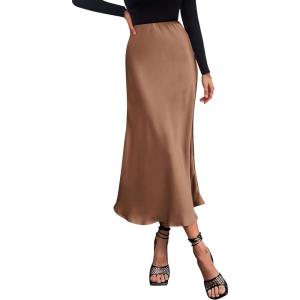 PRETTYGARDEN Women’s Satin Skirts Dressy Casual 2026 Fall High Waisted Cocktail Wedding Flowy Elegant A Line Midi Skirt(Coffee)