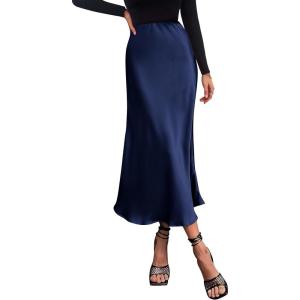 PRETTYGARDEN Women’s Satin Skirts Dressy Casual 2026 Fall High Waisted Cocktail Wedding Flowy Elegant A Line Midi Skirt(Navy)