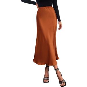 PRETTYGARDEN Women’s Satin Skirts Dressy Casual 2026 Fall High Waisted Cocktail Wedding Flowy Elegant A Line Midi Skirt(Rust Red)