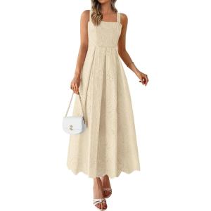 PRETTYGARDEN Womens Sleeveless Maxi Summer Dresses 2026 Hollow Out Eyelet Square Neck Ruffle Flowy Beach Vacation Sundress(Beige)