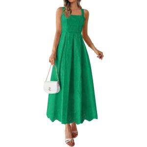 PRETTYGARDEN Womens Sleeveless Maxi Summer Dresses 2026 Hollow Out Eyelet Square Neck Ruffle Flowy Beach Vacation Sundress(Green)