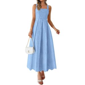 PRETTYGARDEN Womens Sleeveless Maxi Summer Dresses 2026 Hollow Out Eyelet Square Neck Ruffle Flowy Beach Vacation Sundress(Light Blue)