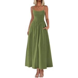 PRETTYGARDEN Women’s Smocked Maxi Dresses 2026 Summer Sundress Casual Spaghetti Strap Swing A Line Long Flowy Beach Dress(Army Green)