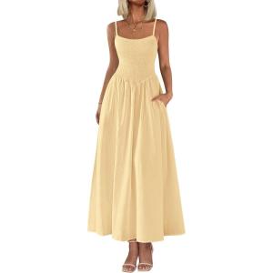 PRETTYGARDEN Women’s Smocked Maxi Dresses 2026 Summer Sundress Casual Spaghetti Strap Swing A Line Long Flowy Beach Dress(Beige)
