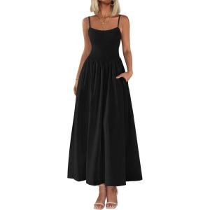 PRETTYGARDEN Women’s Smocked Maxi Dresses 2026 Summer Sundress Casual Spaghetti Strap Swing A Line Long Flowy Beach Dress(Black)