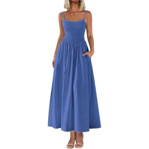 PRETTYGARDEN Women’s Smocked Maxi Dresses 2026 Summer Sundress Casual Spaghetti Strap Swing A Line Long Flowy Beach Dress(Blue)