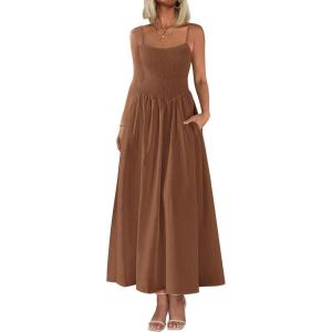 PRETTYGARDEN Women’s Smocked Maxi Dresses 2026 Summer Sundress Casual Spaghetti Strap Swing A Line Long Flowy Beach Dress(Brown)