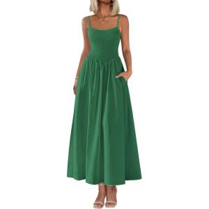 PRETTYGARDEN Women’s Smocked Maxi Dresses 2026 Summer Sundress Casual Spaghetti Strap Swing A Line Long Flowy Beach Dress(Dark Green)