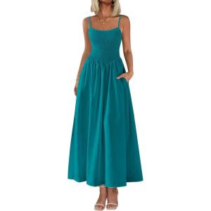 PRETTYGARDEN Women’s Smocked Maxi Dresses 2026 Summer Sundress Casual Spaghetti Strap Swing A Line Long Flowy Beach Dress(Lake Blue)