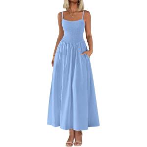 PRETTYGARDEN Women’s Smocked Maxi Dresses 2026 Summer Sundress Casual Spaghetti Strap Swing A Line Long Flowy Beach Dress(Light Blue)