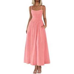 PRETTYGARDEN Women’s Smocked Maxi Dresses 2026 Summer Sundress Casual Spaghetti Strap Swing A Line Long Flowy Beach Dress(Pink)