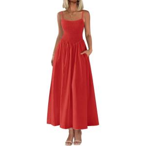 PRETTYGARDEN Women’s Smocked Maxi Dresses 2026 Summer Sundress Casual Spaghetti Strap Swing A Line Long Flowy Beach Dress(Red)