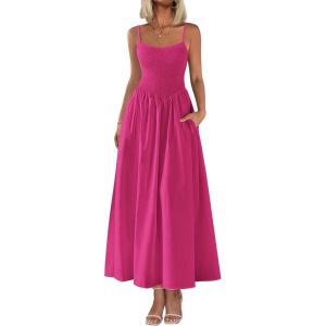PRETTYGARDEN Women’s Smocked Maxi Dresses 2026 Summer Sundress Casual Spaghetti Strap Swing A Line Long Flowy Beach Dress(Rose Red)