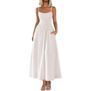 PRETTYGARDEN Women’s Smocked Maxi Dresses 2026 Summer Sundress Casual Spaghetti Strap Swing A Line Long Flowy Beach Dress(White)