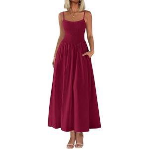 PRETTYGARDEN Women’s Smocked Maxi Dresses 2026 Summer Sundress Casual Spaghetti Strap Swing A Line Long Flowy Beach Dress(Wine Red)
