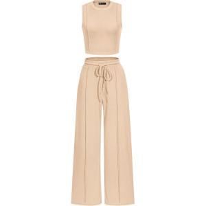 PRETTYGARDEN Women’s Summer 2 Piece Loungewear Set Cropped Tank Top Wide Leg Sweatpants Tracksuit Casual Outfits(Apricot)
