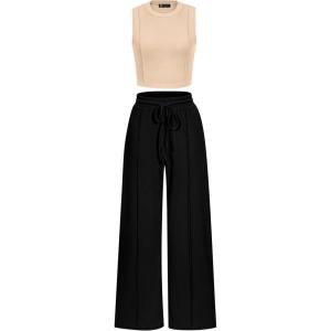 PRETTYGARDEN Women’s Summer 2 Piece Loungewear Set Cropped Tank Top Wide Leg Sweatpants Tracksuit Casual Outfits(Apricot Black)