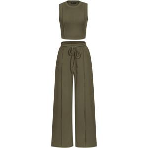 PRETTYGARDEN Women’s Summer 2 Piece Loungewear Set Cropped Tank Top Wide Leg Sweatpants Tracksuit Casual Outfits(Army Green)
