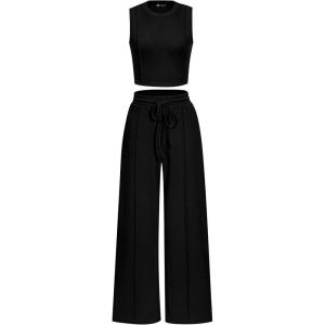 PRETTYGARDEN Women’s Summer 2 Piece Loungewear Set Cropped Tank Top Wide Leg Sweatpants Tracksuit Casual Outfits(Black)