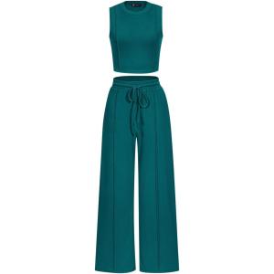 PRETTYGARDEN Women’s Summer 2 Piece Loungewear Set Cropped Tank Top Wide Leg Sweatpants Tracksuit Casual Outfits(Blue Green)