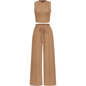 PRETTYGARDEN Women’s Summer 2 Piece Loungewear Set Cropped Tank Top Wide Leg Sweatpants Tracksuit Casual Outfits(Camel)