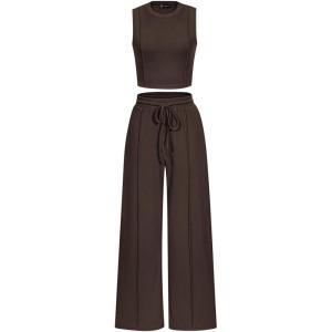 PRETTYGARDEN Women’s Summer 2 Piece Loungewear Set Cropped Tank Top Wide Leg Sweatpants Tracksuit Casual Outfits(Coffee)