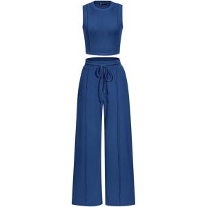 PRETTYGARDEN Women’s Summer 2 Piece Loungewear Set Cropped Tank Top Wide Leg Sweatpants Tracksuit Casual Outfits(Dark Blue)