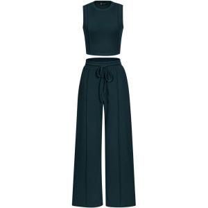 PRETTYGARDEN Women’s Summer 2 Piece Loungewear Set Cropped Tank Top Wide Leg Sweatpants Tracksuit Casual Outfits(Dark Green)