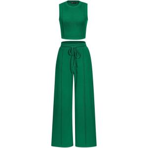 PRETTYGARDEN Women’s Summer 2 Piece Loungewear Set Cropped Tank Top Wide Leg Sweatpants Tracksuit Casual Outfits(Green)