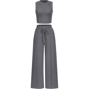 PRETTYGARDEN Women’s Summer 2 Piece Loungewear Set Cropped Tank Top Wide Leg Sweatpants Tracksuit Casual Outfits(Grey)