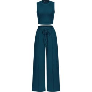 PRETTYGARDEN Women’s Summer 2 Piece Loungewear Set Cropped Tank Top Wide Leg Sweatpants Tracksuit Casual Outfits(Lake Blue)