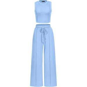 PRETTYGARDEN Women’s Summer 2 Piece Loungewear Set Cropped Tank Top Wide Leg Sweatpants Tracksuit Casual Outfits(Light Blue)