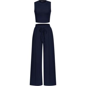 PRETTYGARDEN Women’s Summer 2 Piece Loungewear Set Cropped Tank Top Wide Leg Sweatpants Tracksuit Casual Outfits(Navy)