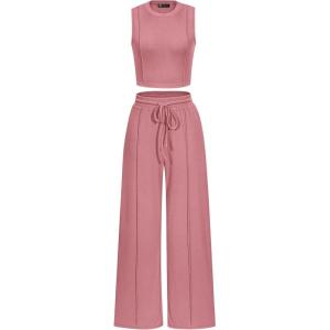 PRETTYGARDEN Women’s Summer 2 Piece Loungewear Set Cropped Tank Top Wide Leg Sweatpants Tracksuit Casual Outfits(Pink)